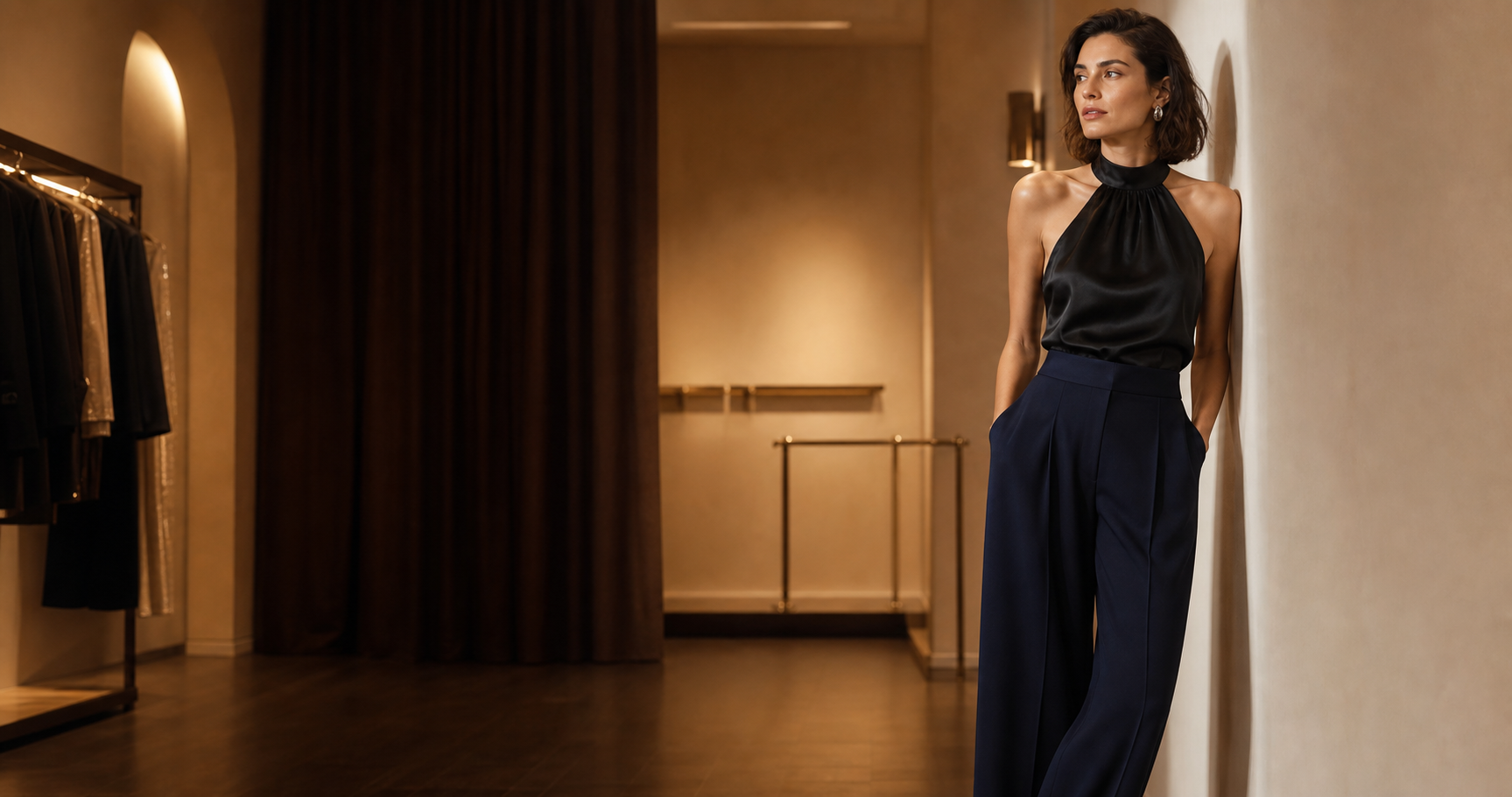 Woman in a light summer outfit inside a contemporary fashion boutique
